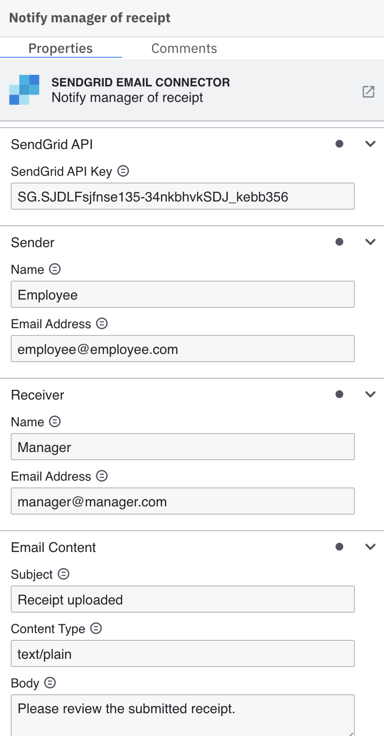 filling out connector properties panel