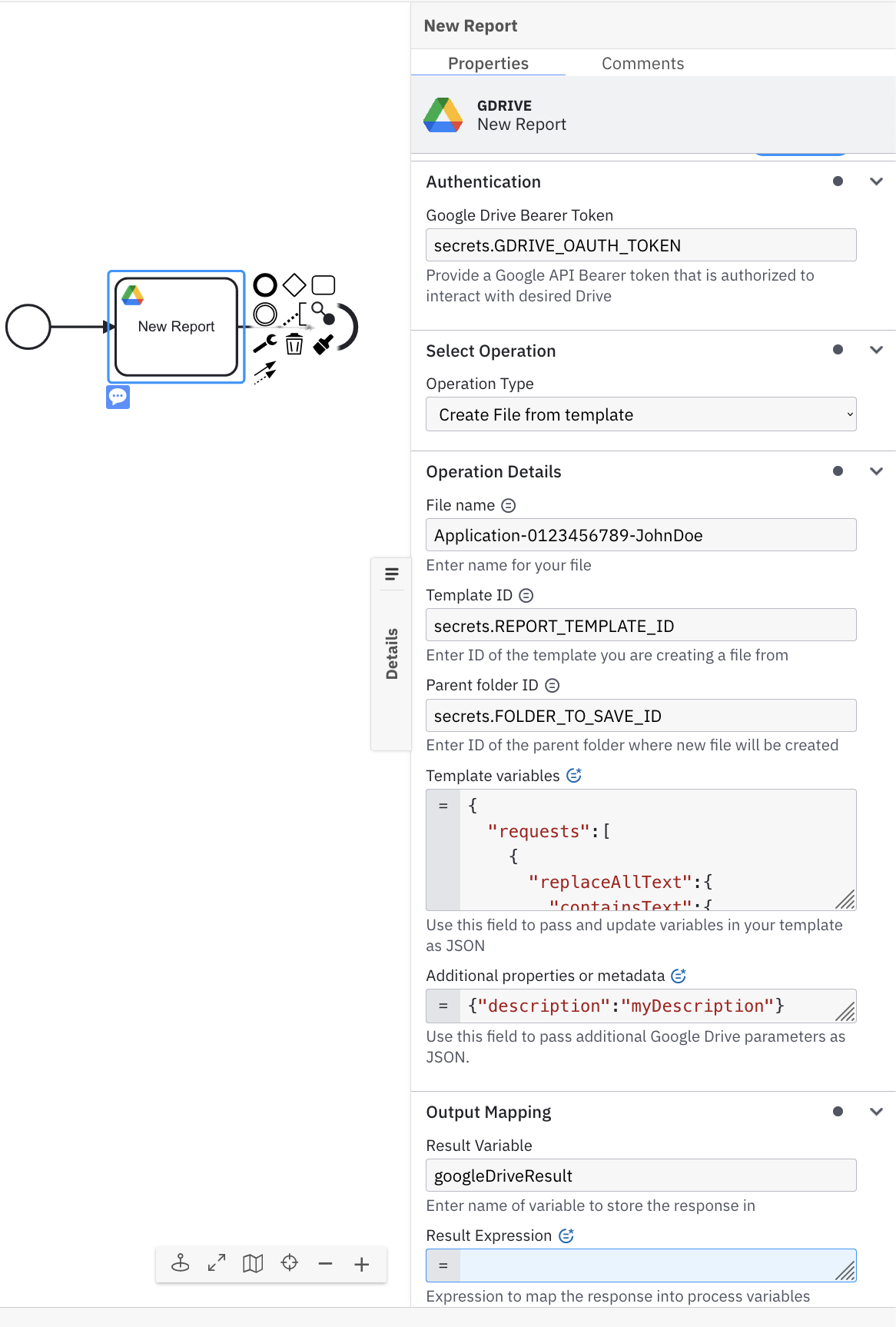 Google Drive Connector new file from template example