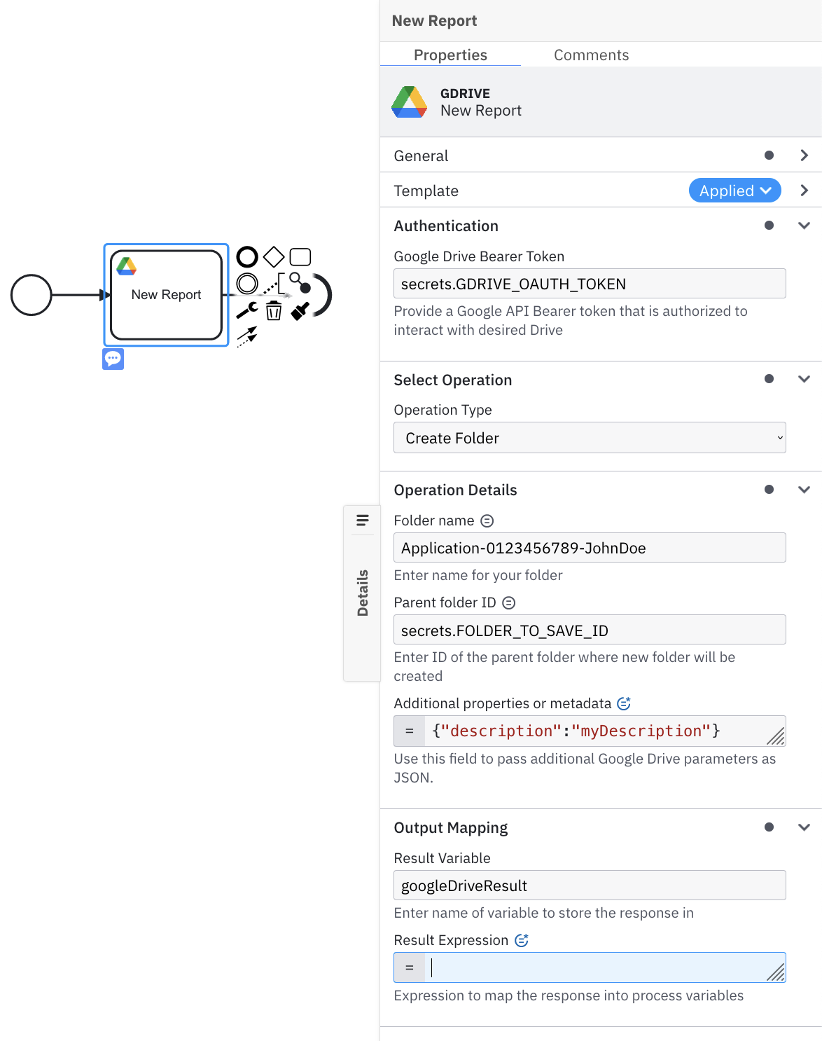 Google Drive Connector new folder example
