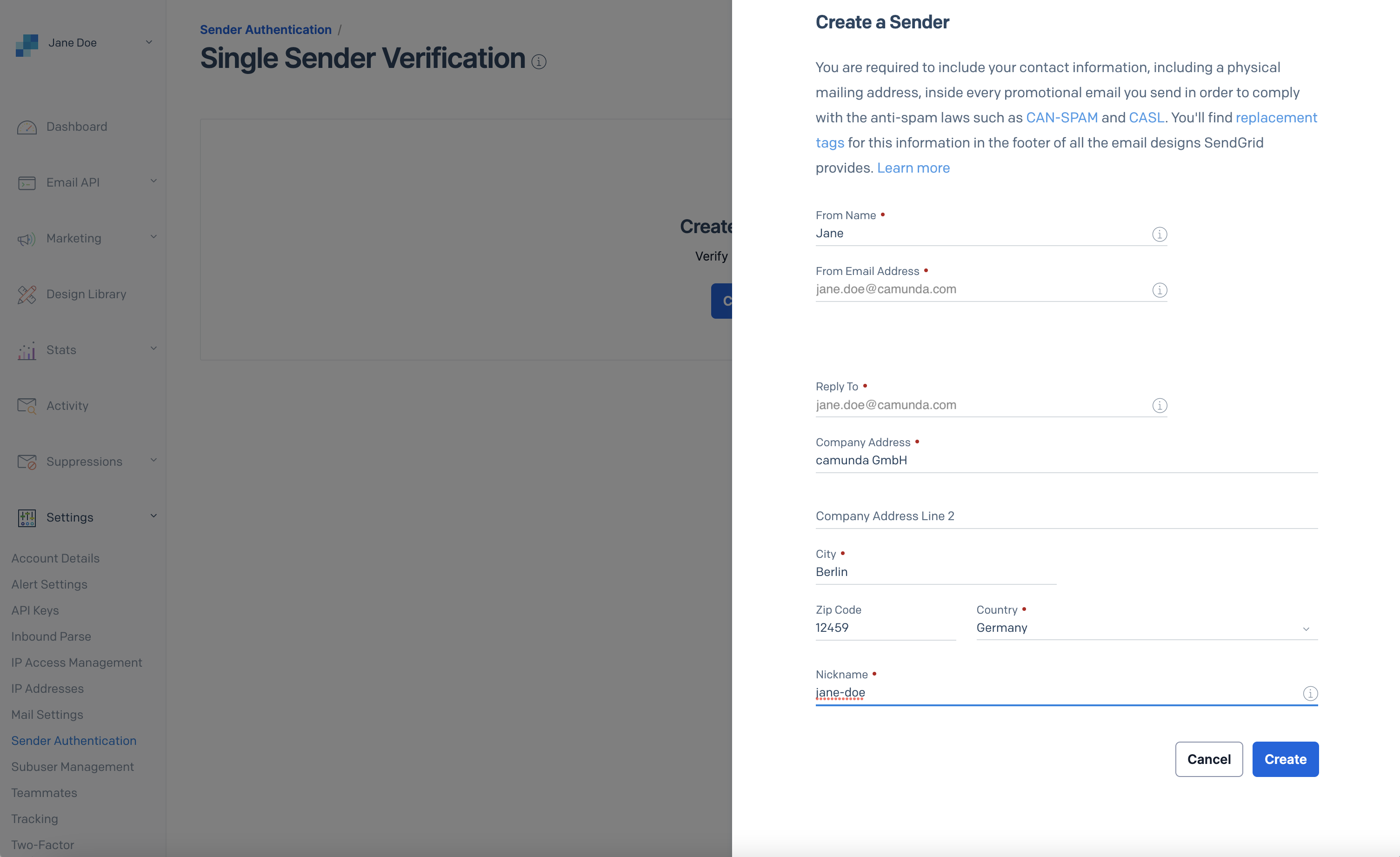 create sendgrid sender identity