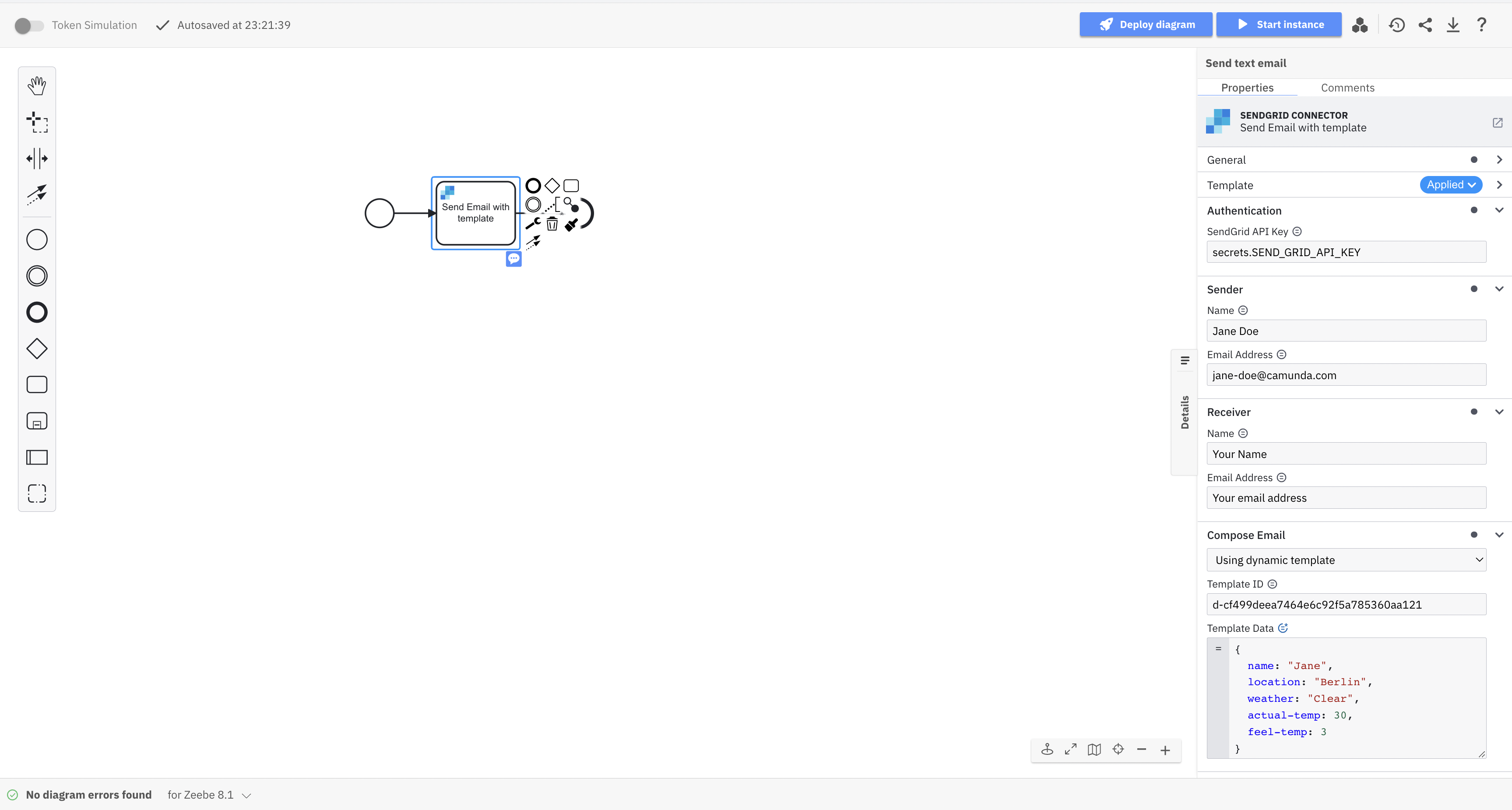 sendgrid email template connector complete properties