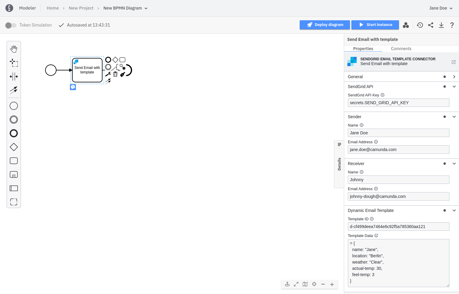 sendgrid email template connector complete properties